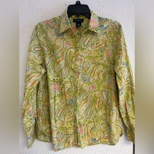 Jones New York Signature Women’s Large Green Pink Paisley Button Up Top, SZ LRG